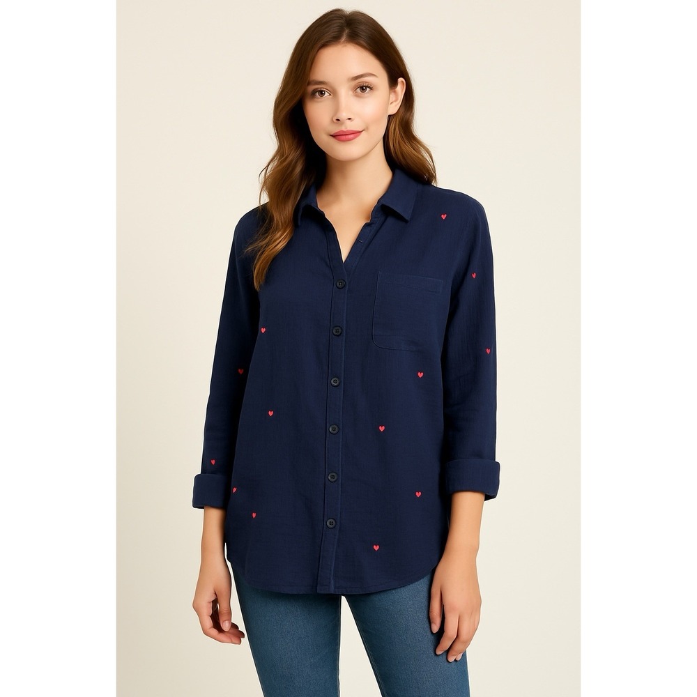 New women's beach lunch lounge button up shirt blue with‎ hearts